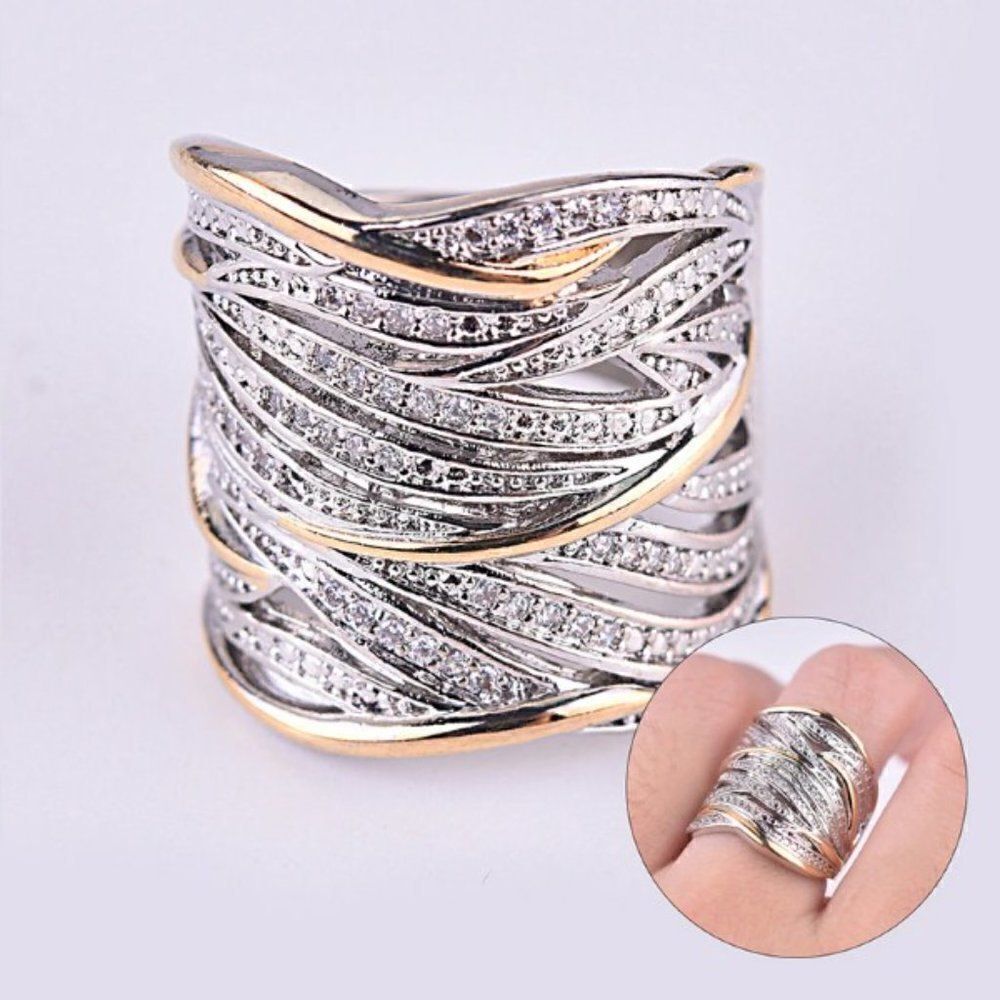 SILVER GOLD DIAMOND TWO-TONE WIDE BAND